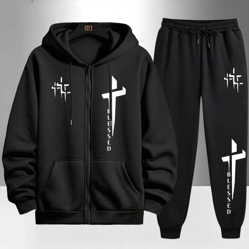 Cross Blessed Print Tracksuit  - Men'S Fashion Zipper Hoodie review and price