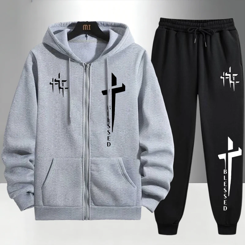 Cross Blessed Print Tracksuit  - Men'S Fashion Zipper Hoodie review and price